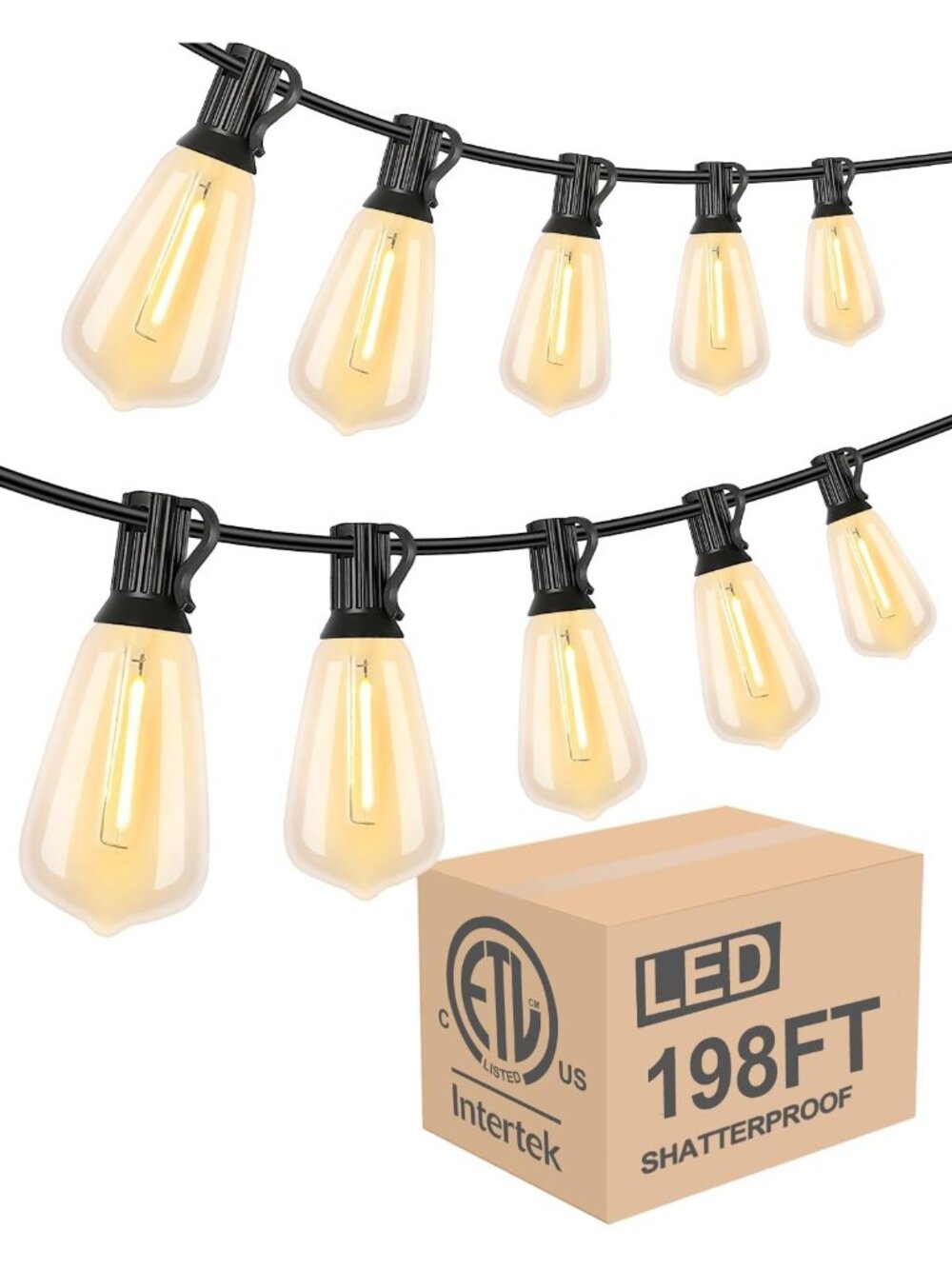 Dimmable 198FT LED Outdoor String Lights, Waterproof Bistro Bulbs for Party